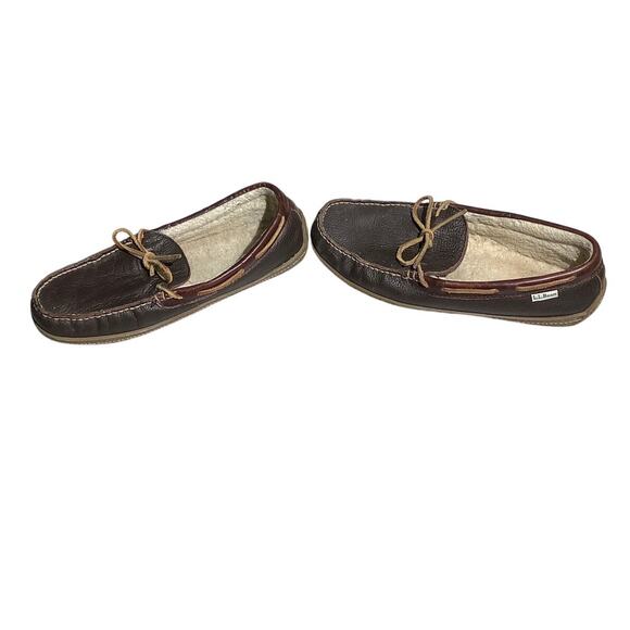 L.L. Bean Men’s Slippers Size 11 — Brown, Leather, Fuzzy Lined - Picture 2 of 6